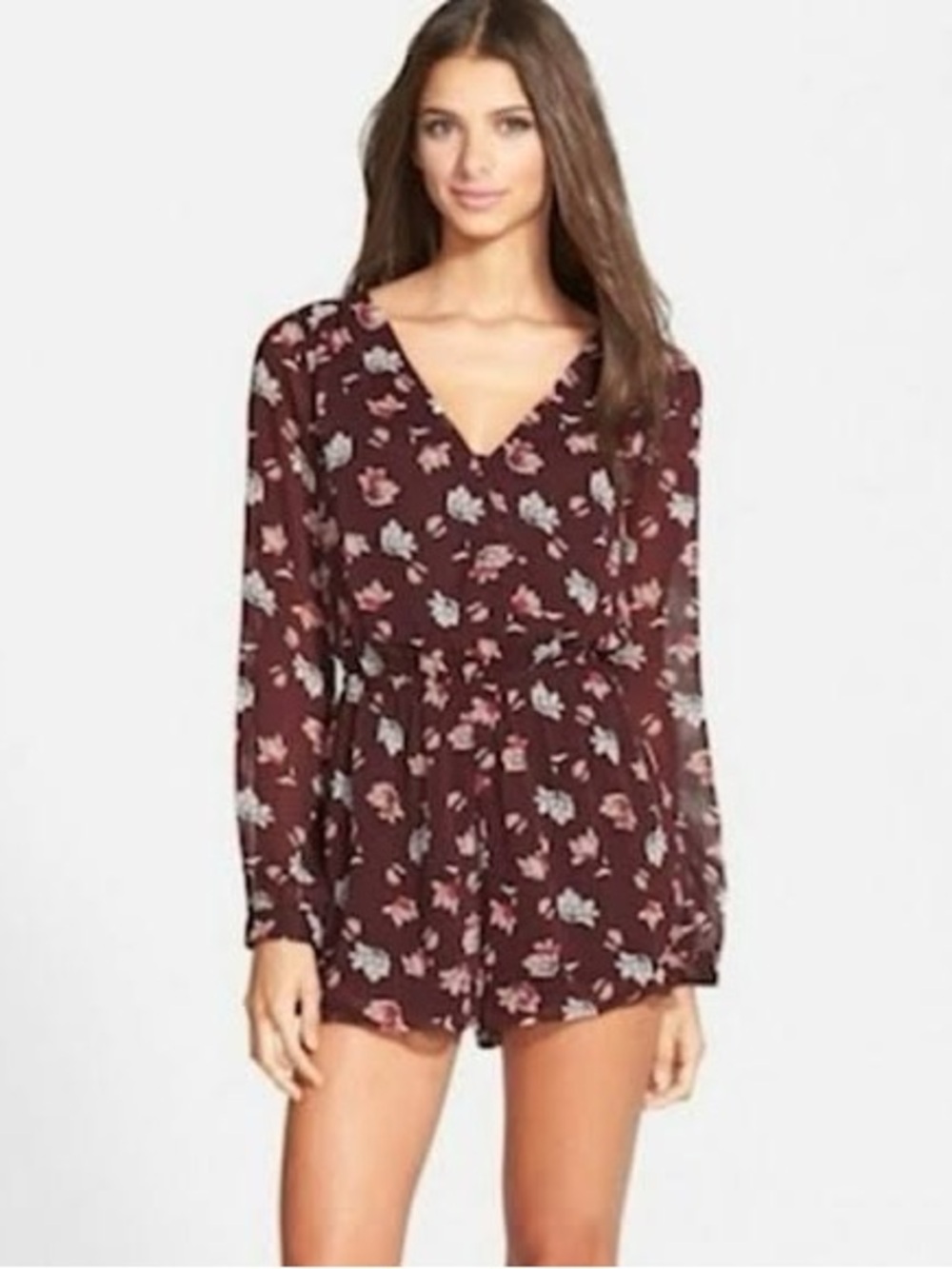 ASTR the Label Floral Long-Sleeve V-Neck Romper in Burgundy